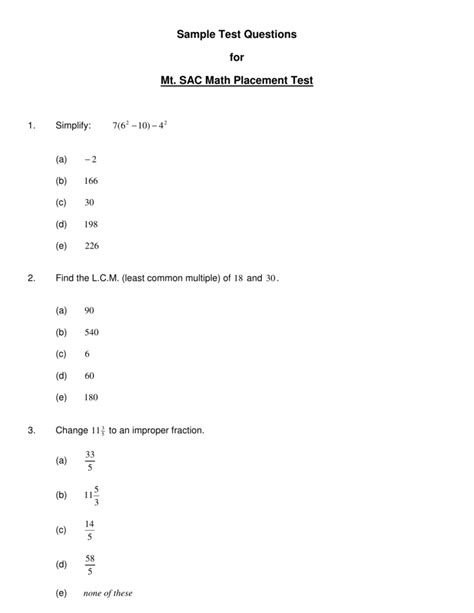 Math placement exam 